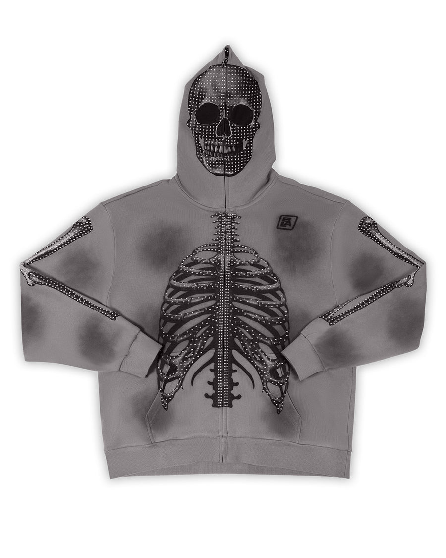 Skeleton Full Zip Up Hoodie - Smokey Rhinestone
