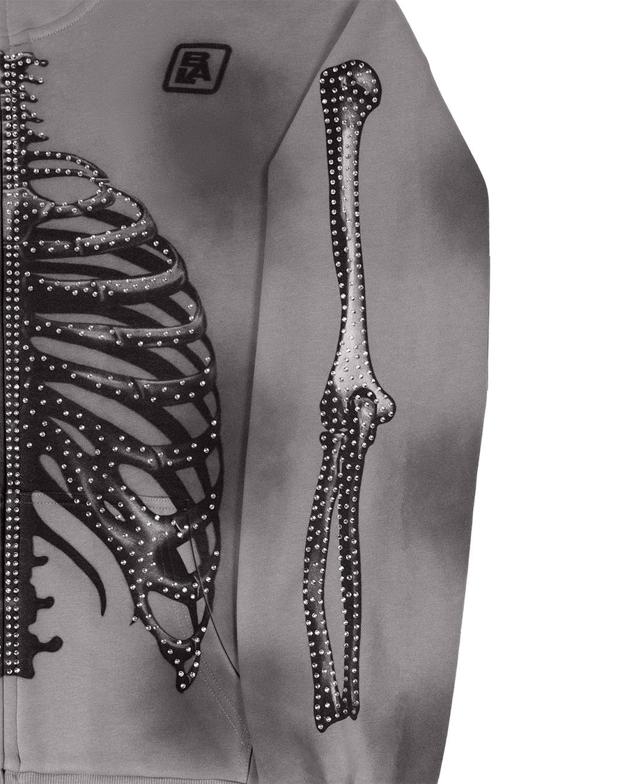 Skeleton Full Zip Up Hoodie - Smokey Rhinestone